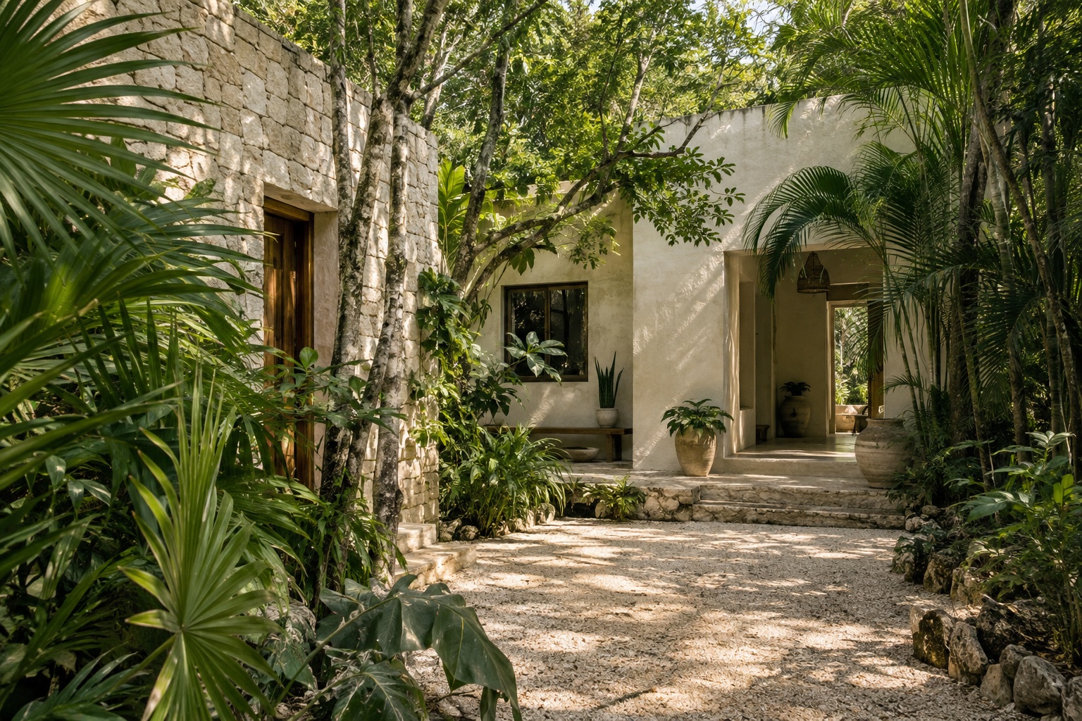 A sunlit limestone courtyard surrounded by tropical palms